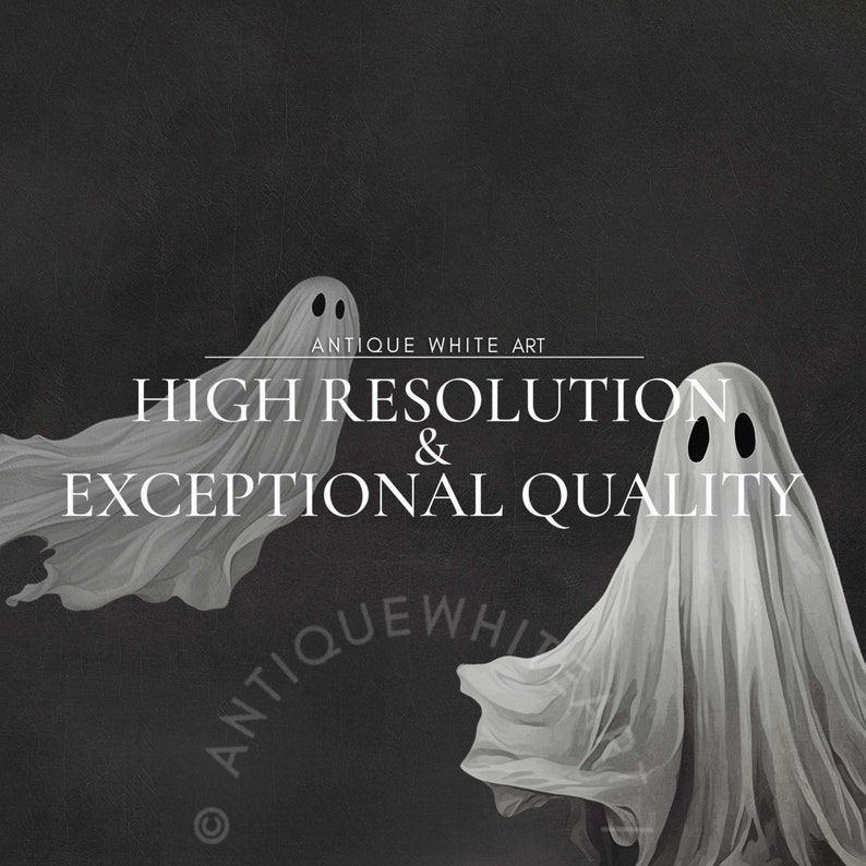May include: Two white ghosts on a black background. The text "ANTIQUE WHITE ART HIGH RESOLUTION & EXCEPTIONAL QUALITY" is written in white on the black background.