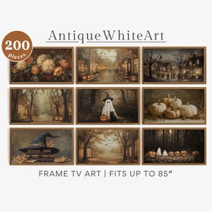 May include: A collection of 200 digital art pieces for Frame TVs, featuring autumnal and Halloween themes like pumpkins, ghosts, witches, and forest scenes. The images are displayed in a grid with the text AntiqueWhiteArt and FRAME TV ART | FITS UP TO 85".