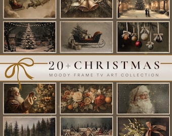Könnte beinhalten: Eine Sammlung digitaler Kunstdrucke zum Thema Weihnachten. Die Bilder zeigen festliche Szenen, darunter der Weihnachtsmann, geschmückte Weihnachtsbäume, Schlitten und Winterlandschaften. Der Text lautet "20+ CHRISTMAS MOODY FRAME TV ART COLLECTION."