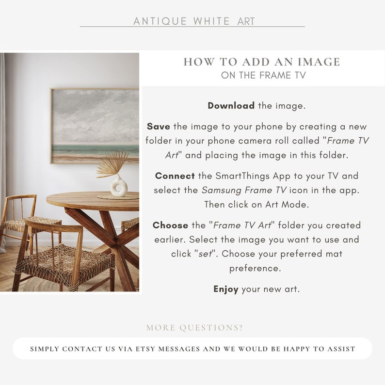 May include: Instructions on how to add an image to a Samsung Frame TV. The image shows a wooden table with two chairs and a framed picture of a beach scene hanging on the wall.