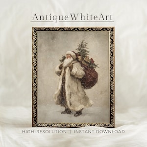 Könnte beinhalten: Gerahmter Kunstdruck im antiken Stil mit dem Weihnachtsmann, der einen Sack voller Geschenke und einen kleinen Weihnachtsbaum trägt. Das Kunstwerk hat eine Vintage-Ästhetik mit einer gedämpften Farbpalette und dem Text "Antique White Art" oben.