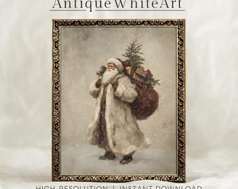 May include: A framed vintage print depicting Father Christmas with a sack of presents and a small fir tree. The artwork has a muted colour palette and the text "Antique White Art" at the top. The frame has an ornate design.