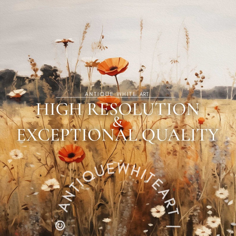 May include: A digital painting of a field with orange poppies and white wildflowers against a muted sky. The text reads ANTIQUE WHITE ART, HIGH RESOLUTION & EXCEPTIONAL QUALITY, and &copy; ANTIQUEWHITEART. The scene features warm golden tones.