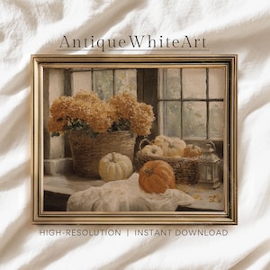 May include: A framed still life painting featuring a window view with pumpkins, a basket of flowers, and a lantern. The painting has a gold frame and the text "Antique White Art" at the top. The words "HIGH-RESOLUTION | INSTANT DOWNLOAD" are at the bottom.