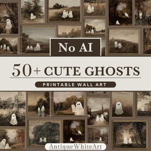 Op de afbeelding: Een collectie printbare wandkunst met meer dan 50 landschapsschilderijen in vintage-stijl met witte spookfiguren in elke scène. De tekst luidt No AI, 50+ CUTE GHOSTS, PRINTABLE WALL ART en AntiqueWhiteArt op een neutrale achtergrond.