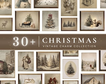 May include: A collection of framed vintage Christmas art prints. The prints feature winter scenes, snowmen, Santa Claus, Christmas trees, and other holiday-themed images. The text "30+ CHRISTMAS VINTAGE CHARM COLLECTION" is displayed.