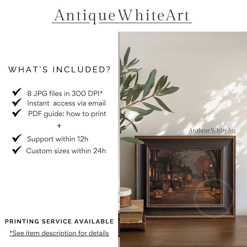 May include: A framed print of a Halloween scene with a street lined with houses and jack-o'-lanterns. The print is in a dark wooden frame. The text "Antique WhiteArt" is at the top and on the frame. The image includes a list of what's included.
