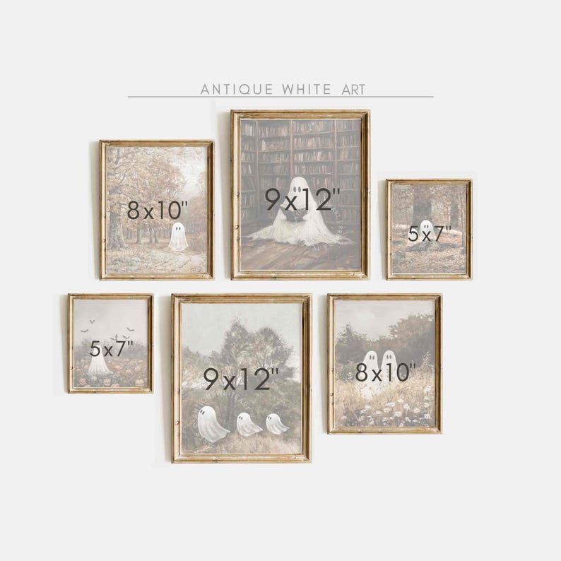 May include: A gallery wall set of six framed prints featuring ghost illustrations in outdoor and library settings. The prints include sizes 8x10 inches, 9x12 inches, 5x7 inches, and 8x10 inches, all displayed with wooden frames and antique white art.