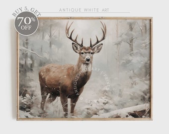 Vintage print herten in winter, kunst aan de muur besneeuwd bos, print herten, boerderij kerst kunst aan de muur, landschildering, afdrukbare muurkunst | W67