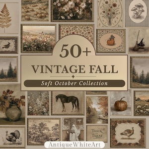 May include: A digital collection of over 50 vintage-style fall art prints featuring muted earth tones. The images include pumpkins, autumn landscapes, forest scenes, floral arrangements, a horse, turkeys, mushrooms, and a ghost, all framed in gold.
