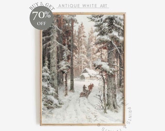 Vintage Winter Print, Rustic Snowy Winter Forest Art, Neutral Landscape Painting,  Country Scenery, Farmhouse Decor, Digital Download | W80