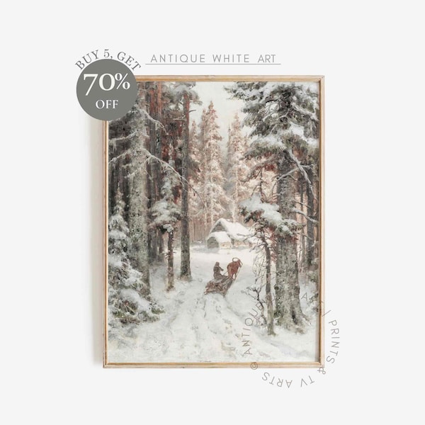 Vintage Winter Print, Rustic Snowy Winter Forest Art, Neutral Landscape Painting,  Country Scenery, Farmhouse Decor, Digital Download | W80