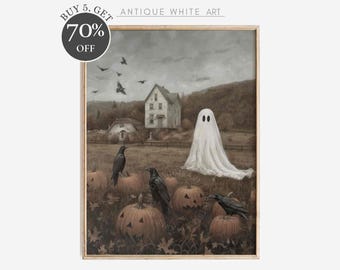 May include: A framed Halloween print depicting a spooky scene. A white ghost stands in a field of pumpkins with crows perched on them. A house and flying birds are in the background. The text "ANTIQUE WHITE ART" is at the top.