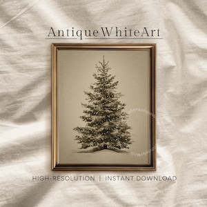 May include: A sepia-toned framed print featuring a detailed illustration of a Christmas tree. The artwork is labeled "Antique White Art" at the top and "HIGH-RESOLUTION | INSTANT DOWNLOAD" at the bottom. The tree is decorated with lights.