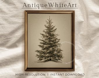 May include: A sepia-toned framed print depicting a detailed illustration of a Christmas tree. The artwork is labelled "Antique White Art" at the top and "HIGH-RESOLUTION | INSTANT DOWNLOAD" at the bottom. The tree is decorated with lights.