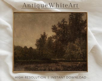 Printable Dark Moody Fall Landscape Print, Vintage Rustic Oil Painting Wall Art, Vintage Farmhouse Autumn Landscape, Instant Download | A528