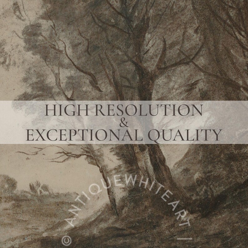 May include: A sepia-toned landscape art print featuring trees and a distant field. The artwork has a vintage aesthetic, with the text "HIGH RESOLUTION & EXCEPTIONAL QUALITY" and "ANTIQUEWHITEART" overlaid on the image.