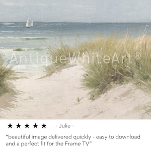 May include: A painting of a seascape with two sailboats in the distance. The foreground shows a path through tall green grass leading to a sandy beach.