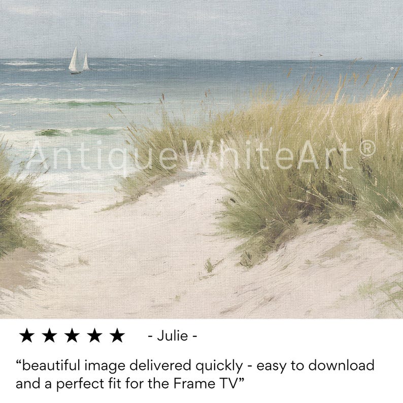May include: A painting of a seascape with two sailboats in the distance. The foreground shows a path through tall green grass leading to a sandy beach.