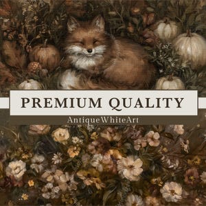 May include: An oil painting print featuring a sleeping fox surrounded by pumpkins and autumn flowers in shades of brown, cream, and orange. A white rectangular overlay displays the text PREMIUM QUALITY and the brand name AntiqueWhiteArt.