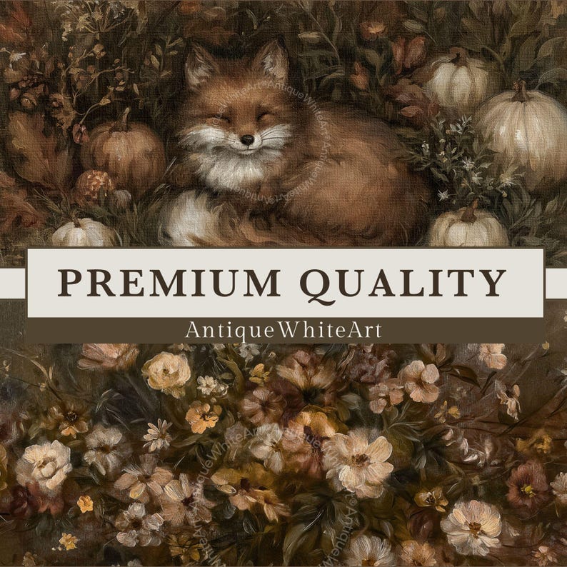 May include: An oil painting print featuring a sleeping fox surrounded by pumpkins and autumn flowers in shades of brown, cream, and orange. A white rectangular overlay displays the text PREMIUM QUALITY and the brand name AntiqueWhiteArt.