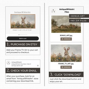 Op de afbeelding: Een digitale download-vermelding voor een afdrukbare frame-tv-kunst met een konijn in een bloemenveld. De vermelding bevat een bonus-kunstdruk en instructies over hoe je de kunst kunt kopen, downloaden en ervan kunt genieten.