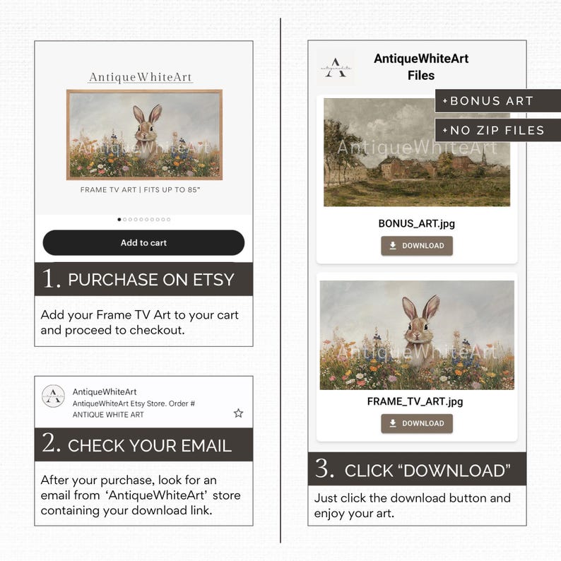Op de afbeelding: Een digitale download-vermelding voor een afdrukbare frame-tv-kunst met een konijn in een bloemenveld. De vermelding bevat een bonus-kunstdruk en instructies over hoe je de kunst kunt kopen, downloaden en ervan kunt genieten.