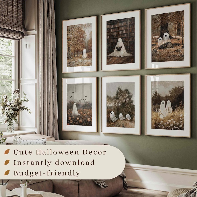 May include: A set of six framed wall art prints featuring ghosts in various settings, including a forest, a library, and a pumpkin patch. The prints have a muted, earthy color palette with white ghosts and dark, moody backgrounds in each frame.