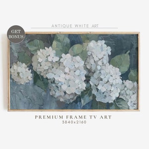 May include: A framed painting of white hydrangeas with green leaves against a blue background. The painting is in a light wood frame.  Antique White Art. Premium Frame TV Art 3840x2160