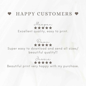 May include: A white background with the text "HAPPY CUSTOMERS" in brown text with a heart on either side. Below the text are three customer reviews with five stars and a short description of their experience. The reviews are from Meagan, Dawn, and Jessie.