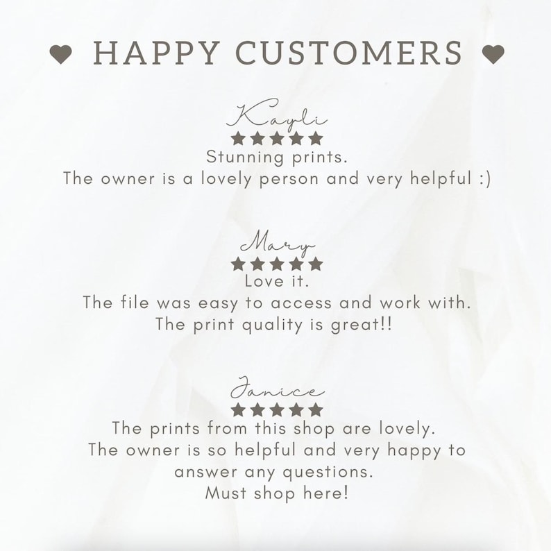 Puede incluir: Impresi&oacute;n digital con testimonios de clientes. El texto "HAPPY CUSTOMERS" est&aacute; en la parte superior, con tres rese&ntilde;as de clientes debajo. Cada rese&ntilde;a incluye un nombre, una calificaci&oacute;n por estrellas y un breve comentario sobre el producto y el servicio.