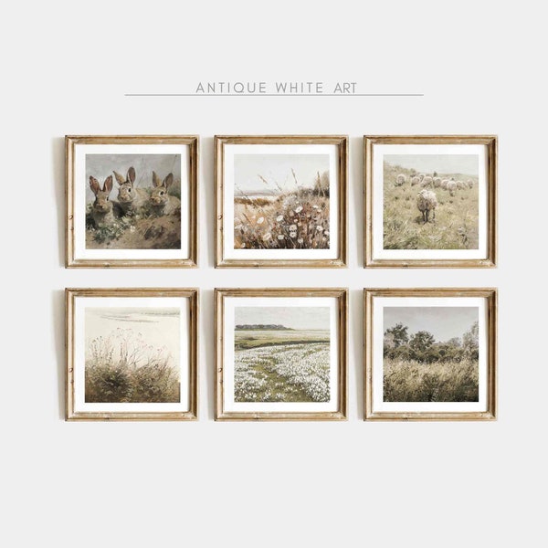 Set of 6 Printable Spring Wall Art, Gallery Set of 6 Wildflower Wall Art Prints, Vintage Farmhouse Landscape Downloadable Art Print | S60