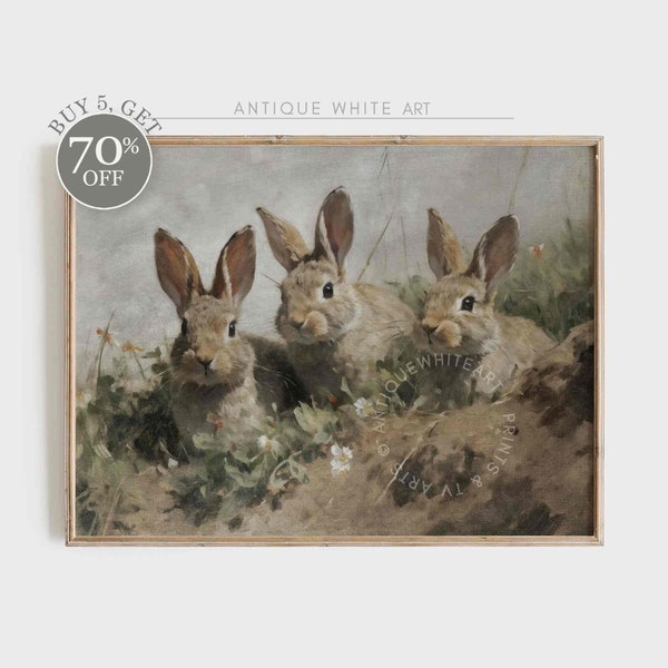 Easter Bunnies Printable Wall Art, Classy Easter Decor Print, Antique Moody Rabbit Animal Painting, Vintage Painting, Instant Download |A138