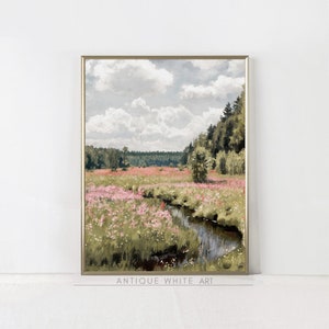 May include: A painting of a field of pink wildflowers with a small stream running through it. The field is surrounded by a forest of green trees. The sky is blue with white clouds.