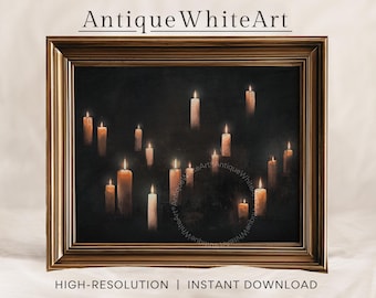 Arte mural mágico de Halloween, impresión en negro, pintura al óleo rústica con velas flotantes, arte descargable de Halloween, impresión de brujas de otoño oscuro / A507