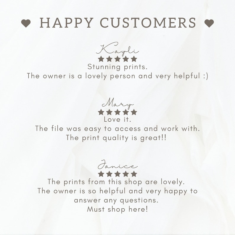 K&ouml;nnte beinhalten: Ein Screenshot von Kundenbewertungen f&uuml;r einen Etsy-Shop. Die Bewertungen sind positiv und beinhalten F&uuml;nf-Sterne-Bewertungen. Die Bewertungen heben die Qualit&auml;t der Produkte und die Hilfsbereitschaft des Shop-Besitzers hervor.