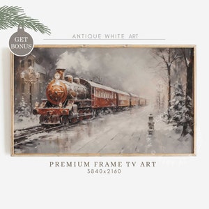 May include: A framed vintage painting depicts a steam train traveling through a snowy landscape. The train is red and black, with several passenger cars. The artwork is labeled "Antique White Art" and "Premium Frame TV Art".