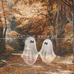 May include: Two translucent white ghosts with black eyes are walking down a path in a forest. The trees have brown and yellow leaves. The text "ANTIQUE WHITE ART" is at the top of the image.