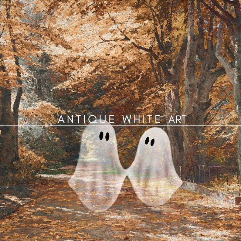 May include: Two translucent white ghosts with black eyes are walking down a path in a forest. The trees have brown and yellow leaves. The text "ANTIQUE WHITE ART" is at the top of the image.