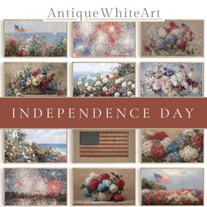 May include: A collection of framed art prints with an Independence Day theme. The prints feature floral arrangements, American flags, and coastal landscapes. The text "Antique White Art" and "Independence Day" are visible.