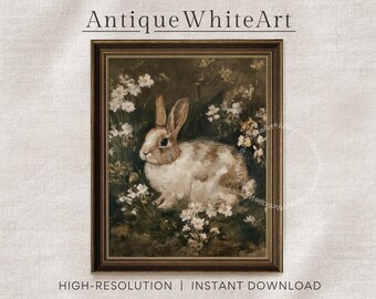 May include: A framed vintage-style painting featuring a rabbit amidst white flowers. The rabbit has brown and white fur, with long ears. The artwork is set against a dark background, with the text "Antique White Art" at the top.