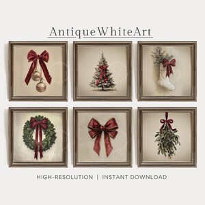 May include: Set of six framed prints featuring vintage Christmas imagery. Each print showcases a different holiday-themed illustration, including ornaments, a Christmas tree, a stocking, a wreath, a bow, and mistletoe. The prints have a sepia tone and are framed in brown.