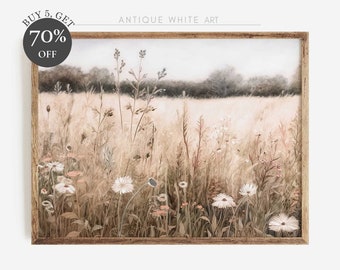 Printable Wildflower Field Landscape Oil Painting, Country Landscape Art Print, Farmhouse Wall Art Digital Download | A34