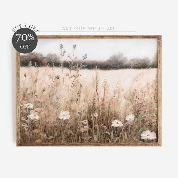 Printable Wildflower Field Landscape Oil Painting, Country Landscape Art Print, Farmhouse Wall Art Digital Download | A34