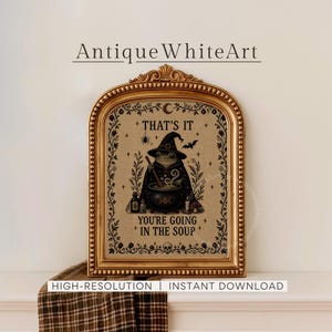 Puede incluir: Una lámina de arte enmarcada con una rana con sombrero de bruja y capa, removiendo un caldero. El texto dice THAT'S IT YOU'RE GOING IN THE SOUP. El diseño incluye una araña, un murciélago y un borde floral en negro sobre fondo beige.