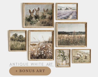 Printable Vintage Wildflower Prints, Set of Spring Wall Art, Country Field Landscape, Farmhouse Easter Spring Decor, Digital Download | S56