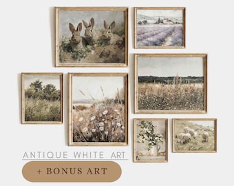 Printable Vintage Wildflower Prints, Set of Spring Wall Art, Country Field Landscape, Farmhouse Easter Spring Decor, Digital Download | S56