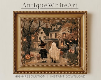 May include: A framed wall art print titled AntiqueWhiteArt featuring a painting of a child dressed as a witch and a child dressed as a ghost walking toward a house at night, surrounded by glowing orange jack-o'-lanterns and autumn trees.