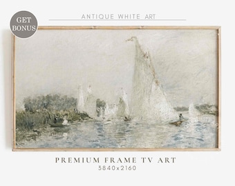 Vintage Samsung Frame TV Art, Neutral Summer Coastal Landscape, Lake House Frame TV Art, Sailboat Painting for TV, Digital Download | TV296