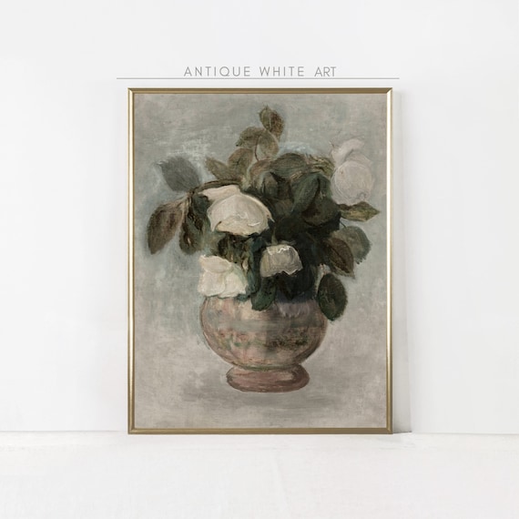 Antique Rustic Flower Vase Print, White Roses Vintage Painting, Bedroom Print, Living Room Wall Art, Printable Digital Download | A15
